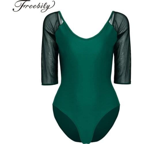 Women Soft Sheer Mesh Splice Built-in Bra Dancewear Ballet Gymnastics Leotard Adult Sports Bodysuit Performance Dance Costumes