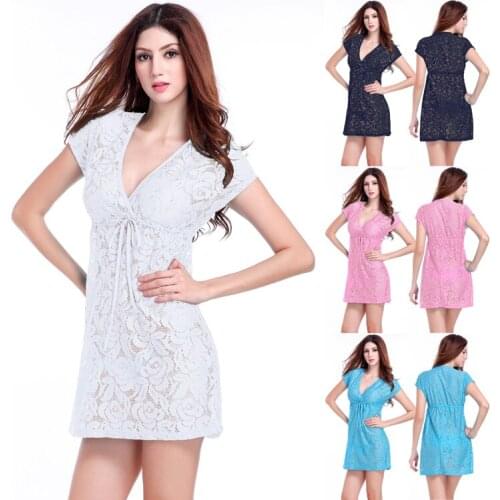 Hot Deep V Neck 2016 Adjustable Tie Casual Loose Big Lady Plus Size Sexy Lace Dresses S.M.L.XL.XXL