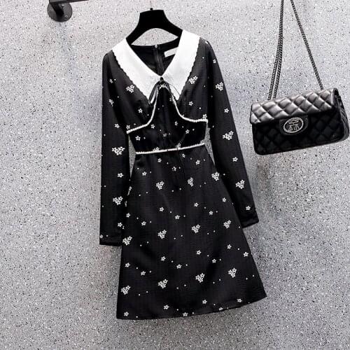 5XL plus size women elegant vintage Beading dress autumn winter 2021 long Sleeve v neck bow flower print black short dresses