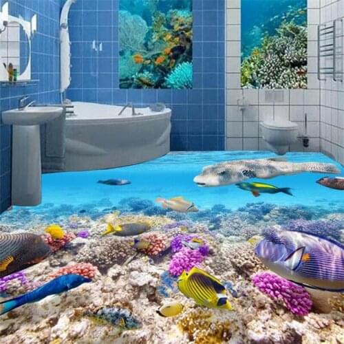 Beibehang Customized floor 3d self-adhesive HD underwater world fish 3D stereo tile floor mural wall papers home decor flooring