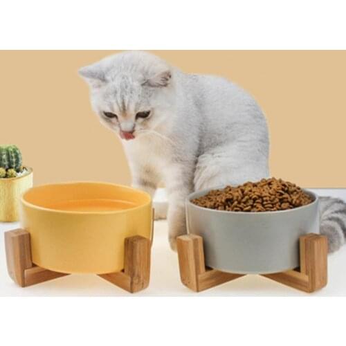Pet Ceramic Elevated Raised Cat Bowl With Wood Stand No Spill Pet Food Water Feeder Cats Small Dogs Feeding Bowl Cats Dog Tools