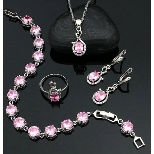 Pink Cubic Zirconia Sweet Jewelry Set for Bride Earrings Pendant Ring Bracelet Chain 925 Sterling Silver Accessories Set
