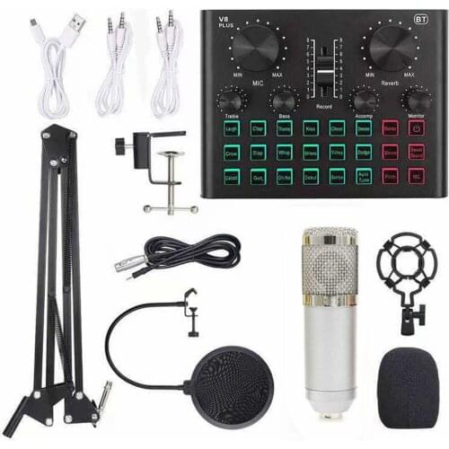 Multifunctional Live Sound Card and BM800 Suspension Microphone Kit Broadcasting Recording Condenser Microphone Set Audio Mixer