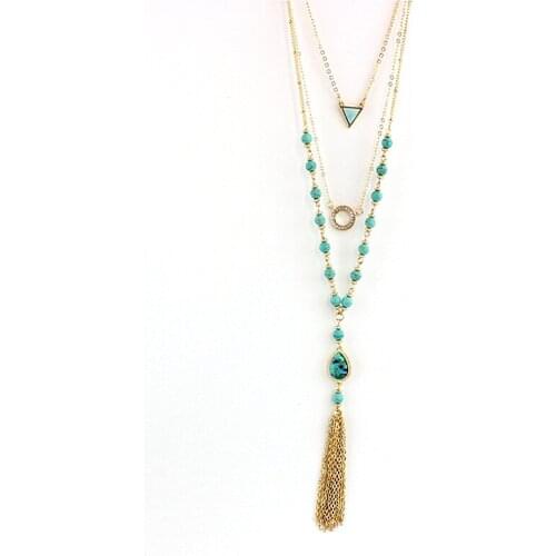 LongWay Multilayer Necklace Vintage Beads Tessal Pendant Gold Color Chain Triangle Necklaces Women SNE160079