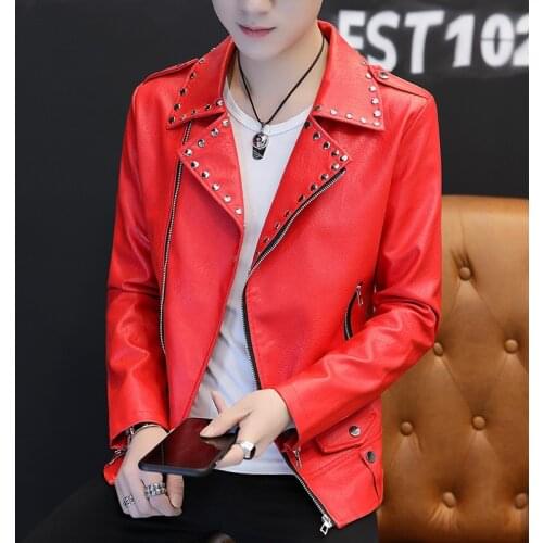 2021 Mens New Rivets Lapel Casual Handsome Leather Jacket Youth Oblique Zipper Trendy Slim Leather Jacket