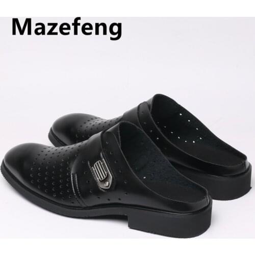 Mazefeng Men Hollow Male Shoes Summer Slippers Men Slippers Simple Casual Half Slippers Solid Outdoor Leather Slippers Round Toe