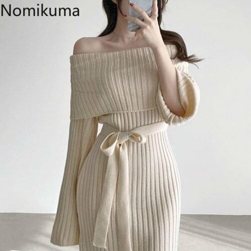Nomikuma Korean Chic Dress Women Slim Waist Lace Up Slash Collar Long Sleeve Knitted Mini Dresses Female Vestidos Mujer 3d620