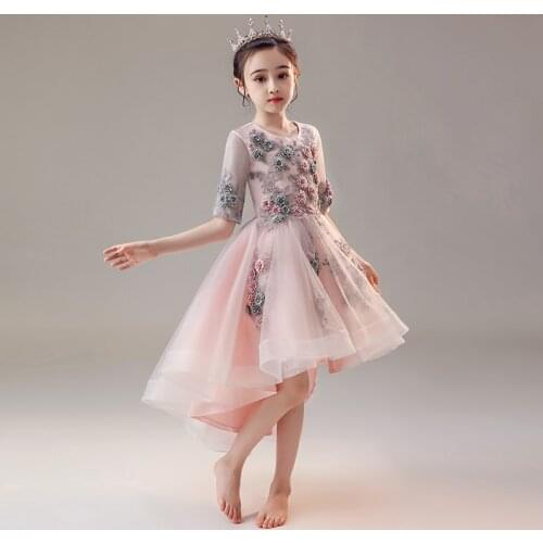 Flower Girls Dresses Appliques Crystal Embroidery Sequined O-Neck Pink Princess Dress Tulle Ball Gown Tiered Knee-Length D183