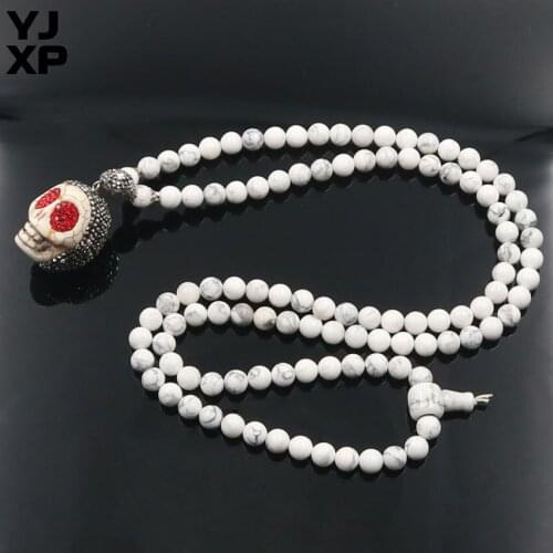 YJXP Skull Head Pendant Long Necklaces Handmade Knotted 108 White Howlite Mala Beads Crystal Rhinestone Halloween Tribal Jewelry