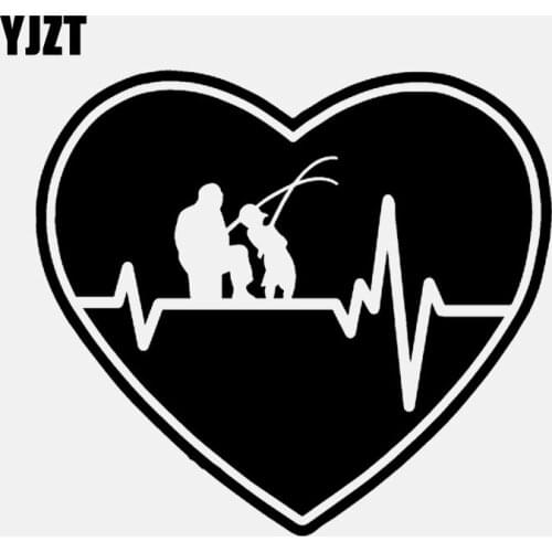 YJZT 15CM*13.5CM Heartbeat Heart Fishing Father Dad Son Fish Rod Reel Lure Vinyl Decal Car Sticker Black/Silver C24-0541
