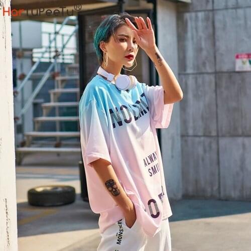 Gradient Long T Shirt Women Summer 2021 Hip Hop Boyfriend Loose Tees Plus Size Back Reflective Letters Print Pullover Tops