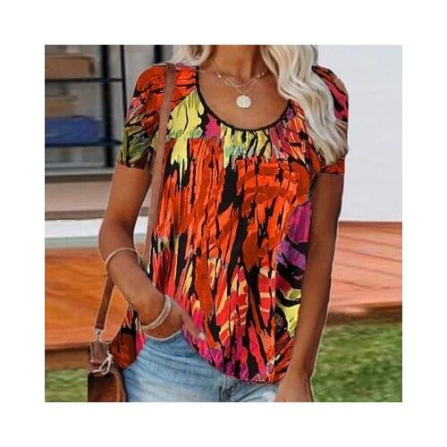 Womens Print O Neck Pullover Short sleeve T-shirt Ladies Casual Loose Contrast Top Fashion Street Harajuku Female S-5XL Tee