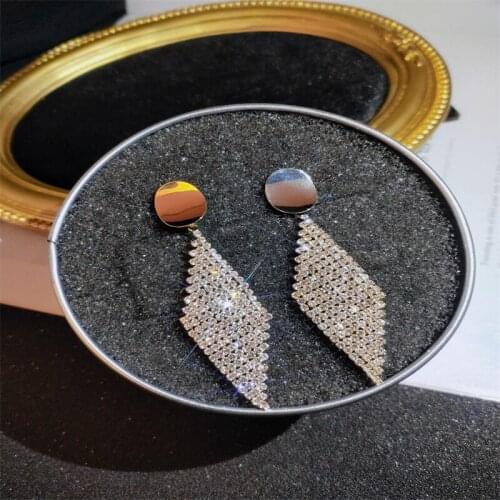 Milangirl Luxury Gold Color Geometric Long Rhombus Round Stud Earrings Statement Rhinestone Earrings for Women Bridal Jewelry