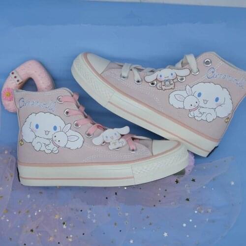 Harajuku Womens Canvas Shoes Hand-painted Laurel Dog Womens Shoes Kawaii High-top Canvas Shoes Soft Sister Womens Shoes