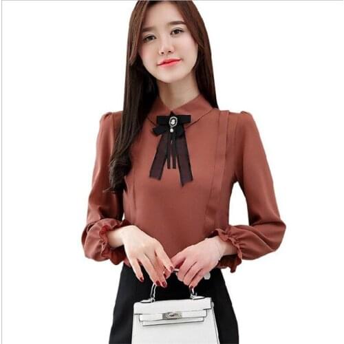 Women Spring Chiffon Blouses 2019 New Fashion Long Flare Sleeve Blouses Female Short Office Lady Peter Pan Collar Shirts Q1163