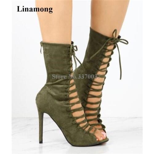 New Fashion Women Open Toe Suede Leather Lace-up Short Gladiator Boots Cut-out Army Green High Heel Ankle Boots