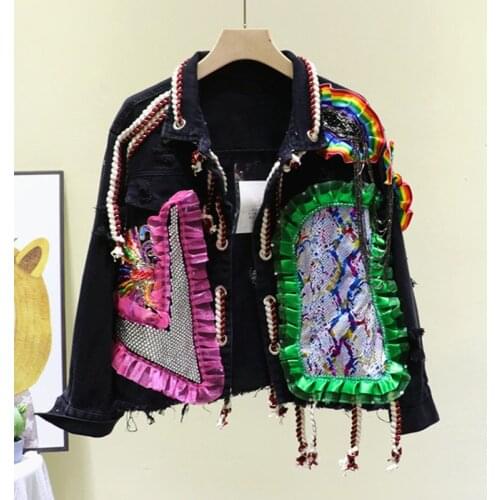 Harajuku Heavy Work Beaded Chain Diamond Applique Printed Lace Hole Denim Cardigan Jacket Women 2021 Spring Casual Jeans Jacket