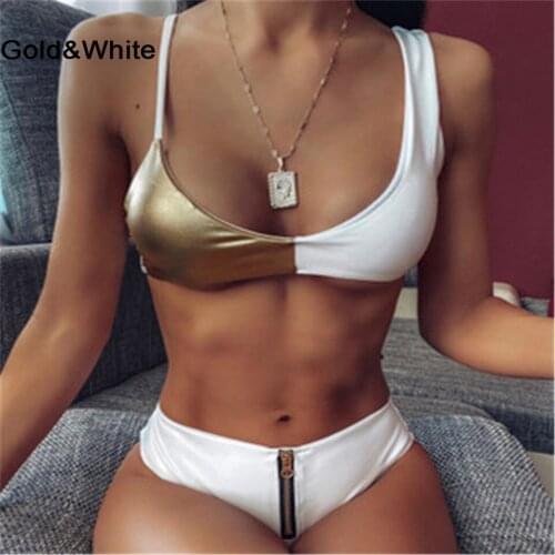 2020 FXbikiny 2 Style Sexy Bright Leather Bikini Set for Women High Waist Patchwork Color Beachwear Zipper Push-Up Bathing Suit