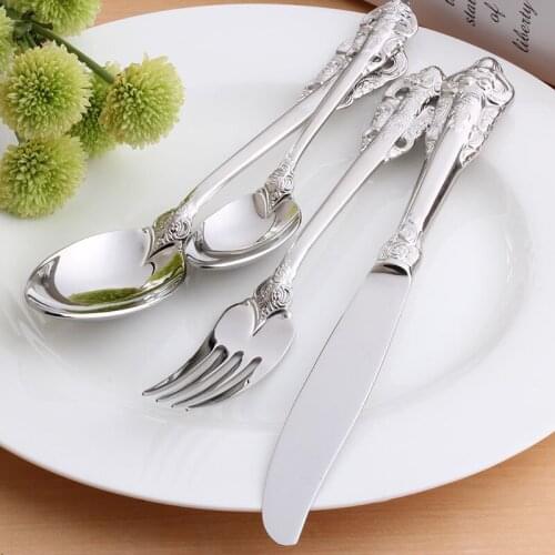 24pcs Vintage Silver Cutlery Set 18/10 Stainless Steel European Classic Style Dinnerware Flower Engraving Handle Silverware