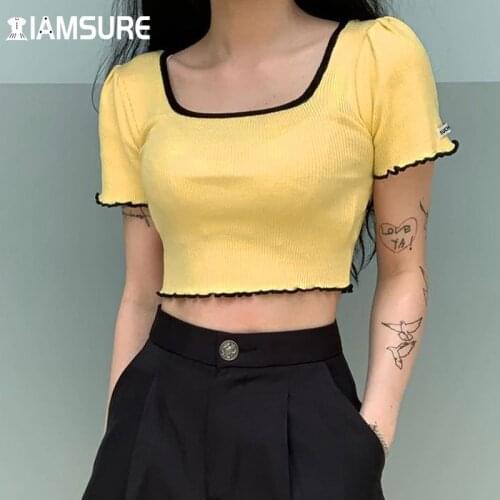 IAMSURE Ribbed Square Collar Basic T-Shirt Slim Cotton Short Sleeve Crop Top Women 2021 Summer Fashion Casual Tees Streetwear
