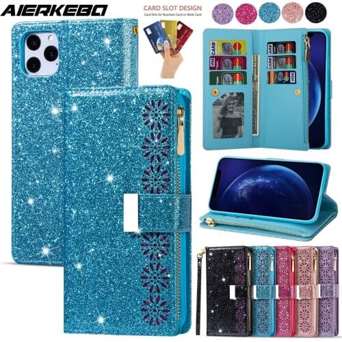 Bling Leather Case for iPhone 11 12 Mini Pro XS Max SE 2020 XR X iPhone 8 7 6 S Plus Glitter Zipper Wallet Bag Card Holder Cover