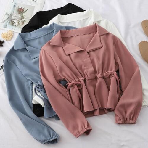 Korean Casual Chiffon Tops Womens Short Style Blouses Fit Solid Ladies Long Sleeve Tops Turn-down Collar Shirts Blusas Mujer