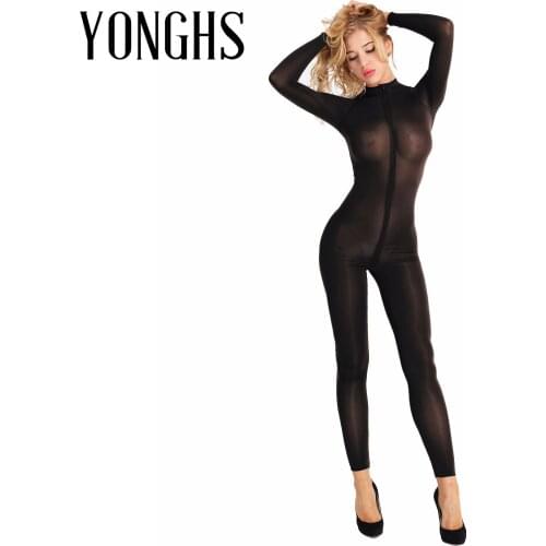 Womens Lingerie See Through Bodysuit Long Sleeves Double Zipper Sheer Clubwear Smooth Erotic Sexy Open Crotch Bodysuit Jumpsuit