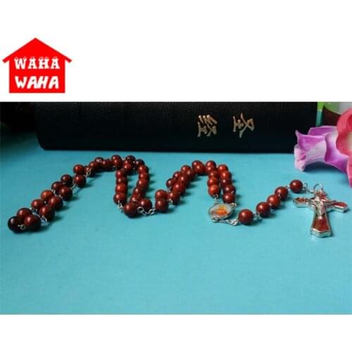 Natural Red Sandalwood 8MM Beads Jesus Cross Prayer Bead Necklace Pendant Handmade Antique Necklace Religion Gifts Home Decor