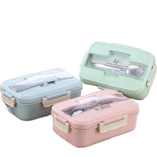 Lunch Box Container School Work Creative Wheat Straw With Spoon Chopsticks Three Compartment Mess Tin Microwave Japanese Style