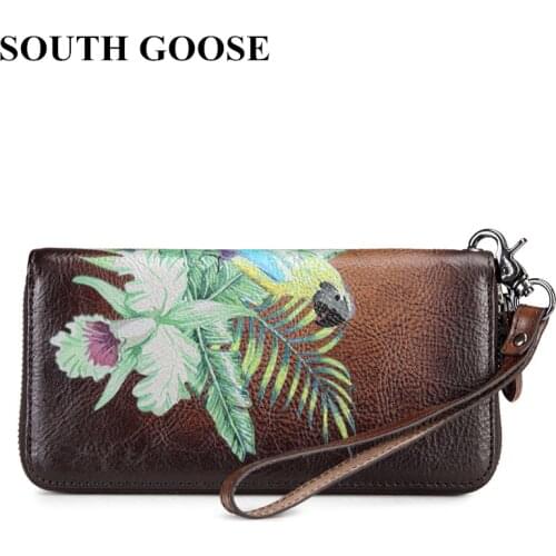 SOUTH GOOSE Design Unisex Women Clutch Wallets Genuine Leather Men Long Wallet Embossed Animal Zipper Coin Purse Money Bag