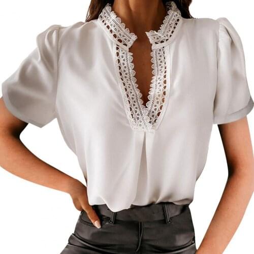 Hot Women T-shirt Short Sleeve Lace Deep V Neck Top Solid Color Hollow Out T Shirt for Summer T-Shirts