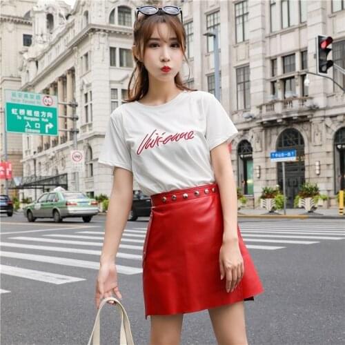 Fashion Women High Waist Sexy Mini Skirt Beads OL Casual Sheepskin Real Leather Skirts Pocket High Street Punk Biker Skirt Red