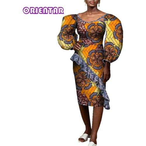 Fashion Women Ankara Dress African Wax Print Puff Sleeve African Dress with Ruffles Bazin Riche Lady Elegant Party Dress WY7189