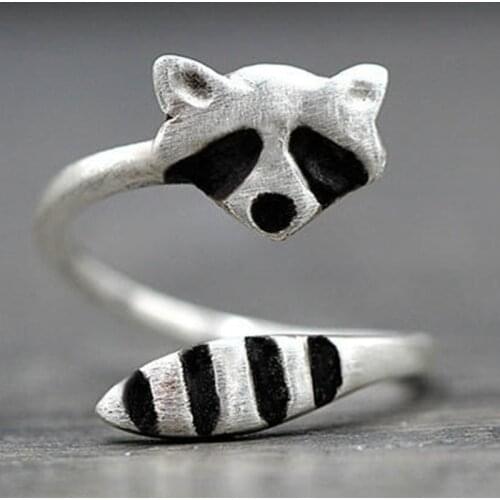 Fashion Creative Silver Color Raccoon Female Ring Cute Animal Opening Rings for Women Party Adjustable Jewelry Wholesale Anillos