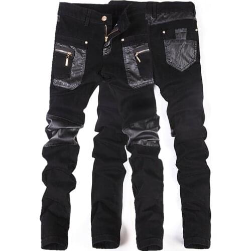 Mens Zipper Splicing Leather Pants High Quality Long Pencil Pants Tight Jeans Men Slim Fit Punk Stage Singer Casual PU Pant