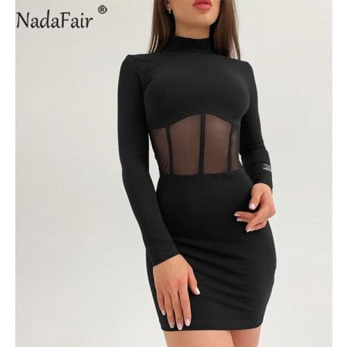 Nadafair Turtleneck Long Sleeve Winter Dress 2021 Short Sheath Club Outfits Mesh Patchwork Sexy Tunic Bodycon Mini Dress Women