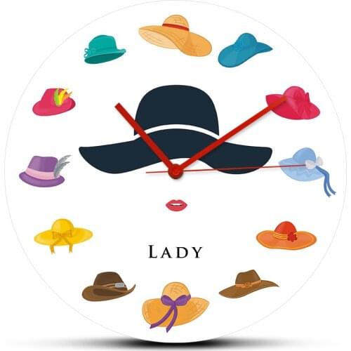 Lady Colorful Hats Lip Wall Watch Hats Shop Business Wall Art Decor Quartz Quiet Printed Clock Personalize Name Morden Design