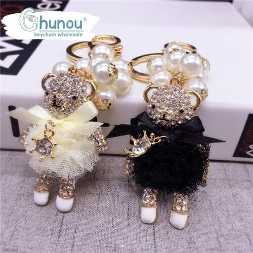 New Korean Fashion Rhinestone Bear Keychain Creative Diamond Gauze Skirt Bear Doll Key Chain for Woman Bag Car Keychains Pendant