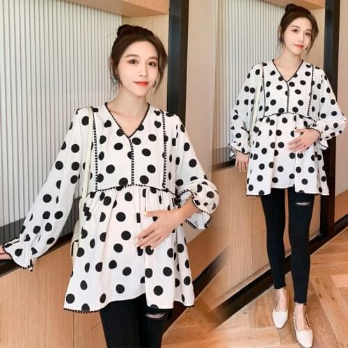 9398# Maternity Clothes Spring Autumn v-neck Dot Printing Long Sleeves Easy Matching Loose Stylish Dress for Pregnant Women