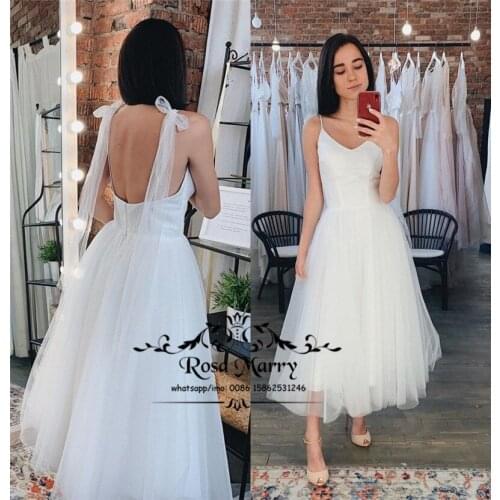 Sexy White Backless Cheap Short Wedding Dresses 2019 A Line Plus Size Tea Length Boho Simple Vestido De Novia Bridal Gowns