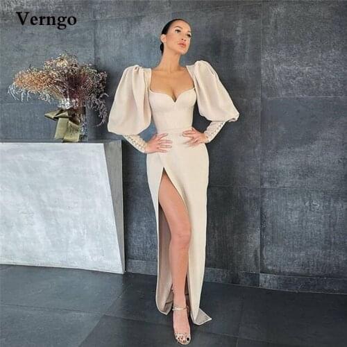 Verngo Light Champagne Women Formal Evening Dresses Long Puff Sleeves Sweetheart Side Slit Stretch Satin Fushcia Prom Gowns