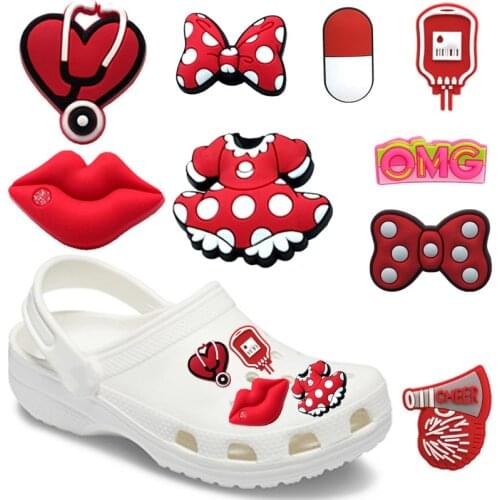 9pcs Red Bow Skirt PVC Shoe Croc Charms Accessories Decorations Sexy Lips Stethoscope Pills Jibits For Croc Bracelet Kids Gift