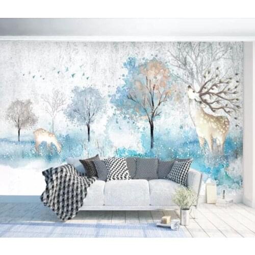 Modern simple hand-painted watercolor elk fortune tree landscape background wall decoration wallpaper murals