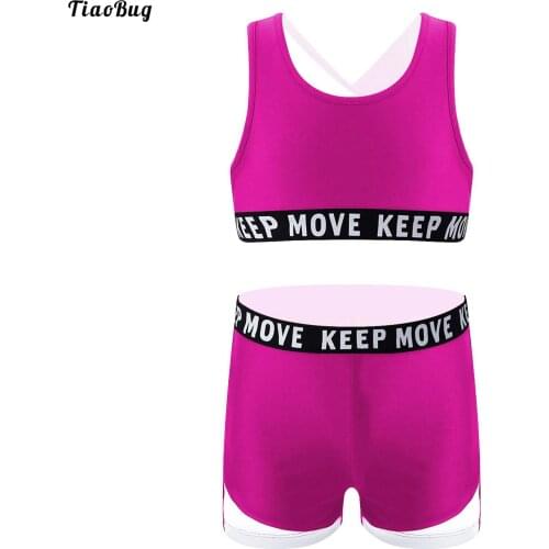 TiaoBug 2Pcs Kids Girls Sport Suit U Neck Sleeveless Letter Print Crop Tops And Shorts Set Sportswear For Gym Yoga Dance Cycling