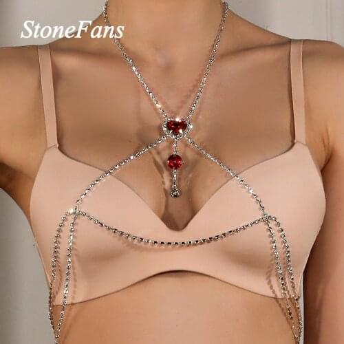 Stonefans Sexy Red Crystal Bra Necklace Body Chain Jewelry for Women Bohemian Beach Full Rhinestone Chest Chain Choker Jewellery