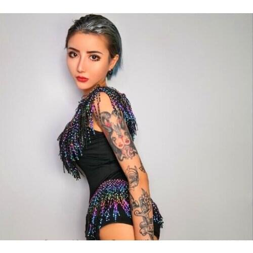 Rhinestone Multicolor Beaded Bling Tassel Womens Sexy Bodysuit Celebrate Outfit Ds Bar Nightclub Dj Costume Singer Leotard Wear