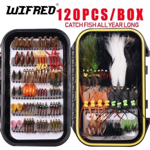 Wifreo 120pcs Trout Salmon Smallmouth Bass Lure Kit Emerger Terrestrials Wooly Buggers Pheasant Tail Nymph Gamefish Dry Wet Fly
