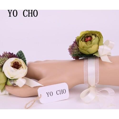 YO CHO Creative Green White Rose Wrist Corsages Flowers With Succulent Bridal Groom Corsage Hand Decorative Festival Decor Prom