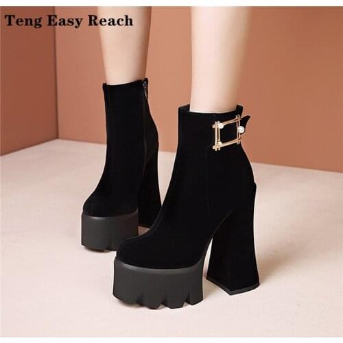 Fashion New Womens Side Zipper Ankle Boots Platform Thick High Heel 15 Cm Ladies Boots Winter Woman Shoes Black Boot 34-43