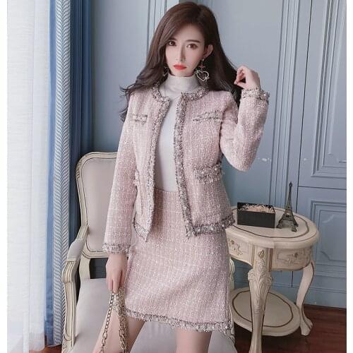 High Quality Autumn Winter Tweed Outfits Full Sleeve Vintage Coat Jacket+Short Plaid A Line Skirt Korean Bead 2 Piece Set Women